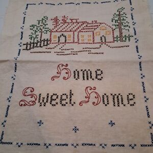 Vtg 70s Home Sweet Home Completed Frameable Cross Stitch 11x13 Curated Home...